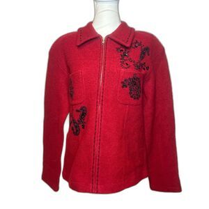 Conrad C Collection Boutique Red Floral Faux Zip Up Collar Sweater Womens